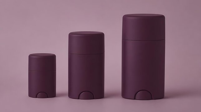 Three dark purple deodorant sticks of varying sizes arranged in a row on a plain background.