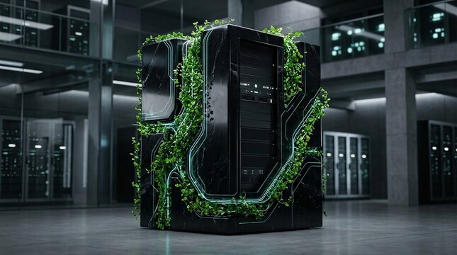 Futuristic black server rack integrated with green hydroponic vines inside a modern concrete data center illustrating sustainable IT infrastructure and eco-friendly technology
