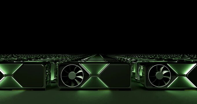 Endless rows of computer graphics processing units powering on with glowing green lights in dark server room