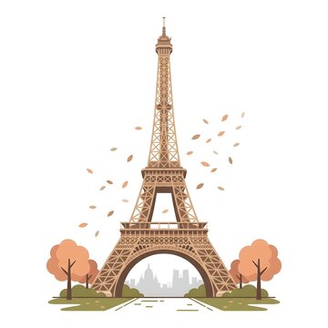 Eiffel tower illustration featuring autumn leaves and artistic park scenery