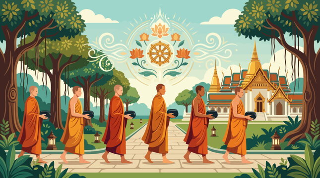 Buddhist monks in orange robes walking in a procession with alms bowls.