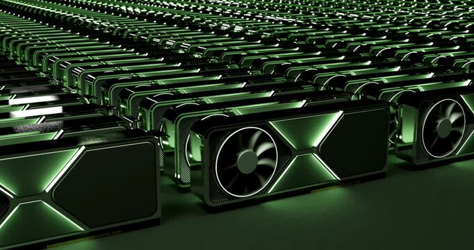 Massive array of active computer video cards illuminating with green lights in dark data center