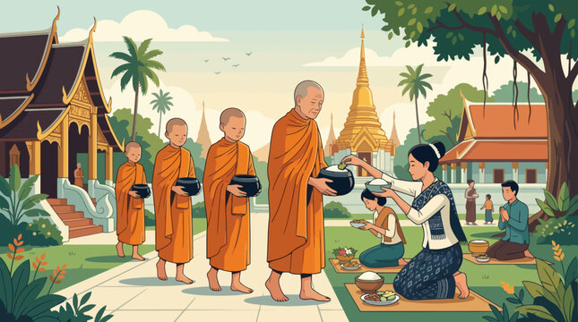 Buddhist monks receiving alms from a kneeling woman in a temple setting.