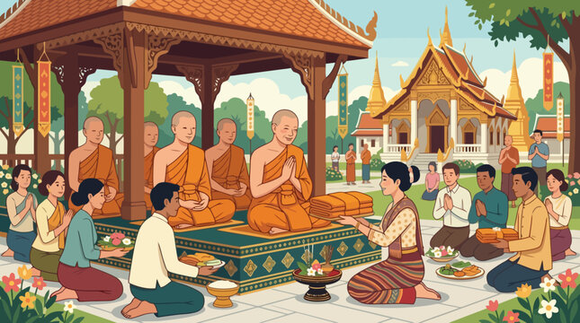Buddhist monks receiving offerings from laypeople in a Thai temple.