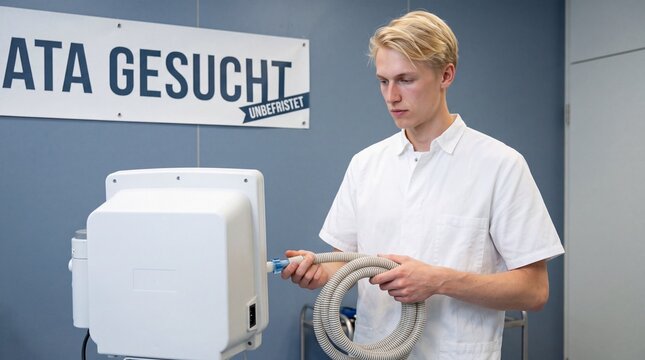 ATA gesucht An&auml;sthesietechnischer Assistent h&auml;lt Beatmungsschlauch