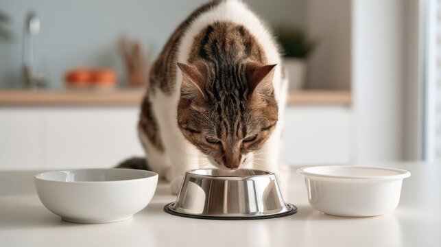 cute tabby cat eating eagerly from stainless steel bowl inside modern bright kitchen near empty bowls ideal for pet food nutrition animal care feeding routine and domestic domestic pet lifestyle