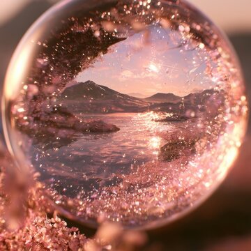 magic glass sphere capturing magical pink cherry blossom sunset reflection with sparkling bokeh and serene mountain lake landscape ideal for fantasy abstract conceptual and mystical backdrops