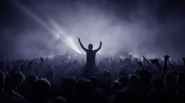 crowd of enthusiastic fans at music concert with person raised on shoulders under bright stage lights and smoke effects ideal for live festival nightlife party performance and entertainment design