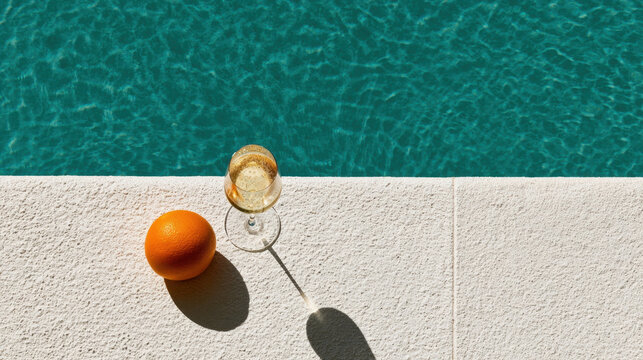 glass of champagne and fresh orange sitting on pool edge with crystal clear turquoise water reflecting sunlight ideal for luxury summer vacation poolside relaxation resort and lifestyle design