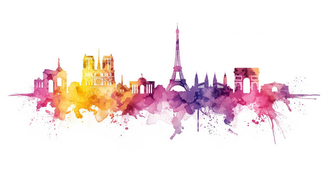 Vibrant watercolor painting of the Paris city skyline isolated on a bright white background. Creative artistic style, colorful paint splashes, and beautiful historic travel aesthetic.