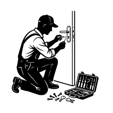 Locksmith kneeling and repairing a door lock with tools and key set