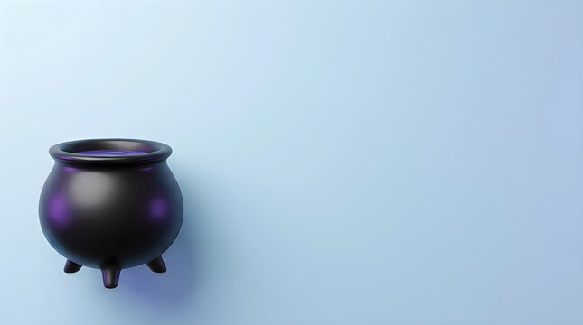 Small dark cauldron on a light blue background with ample copy space