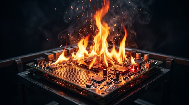 A computer circuit board burning intensely with bright orange flames and smoke against a dark background, symbolizing hardware failure or overheating.