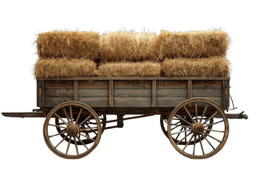 Old wooden farm wagon loaded with stacked hay