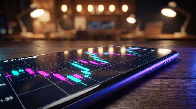 Smartphone displaying stock market trading charts, financial data on screen