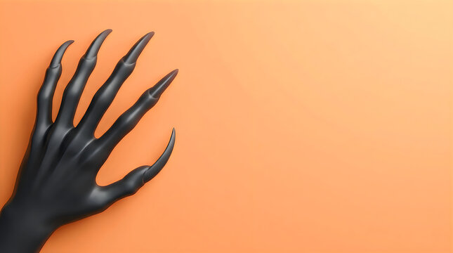 Dramatic dark hand with long painted nails against a vibrant orange background