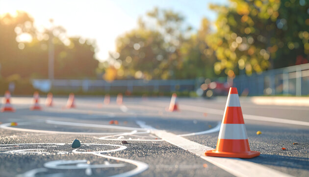 An orange traffic cone stands on asphalt in warm sunset light, symbolizing safety, caution, and guidance on an empty practice course. Nobody is present in this peaceful scene.
