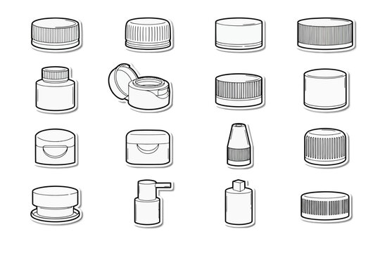Various types of container bottle caps and lids isolated illustration
