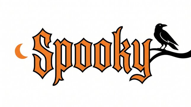 Spooky text design with a black crow sitting on a branch and a small orange crescent moon for halloween