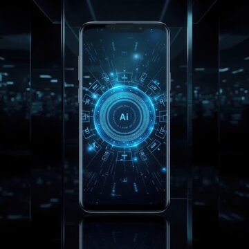 Smartphone screen showcases a sophisticated artificial intelligence interface with glowing blue icons and data visualization nodes.