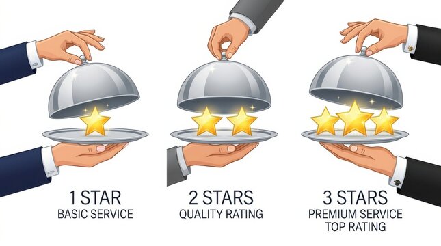 Hands serving stars on silver platters for quality rating