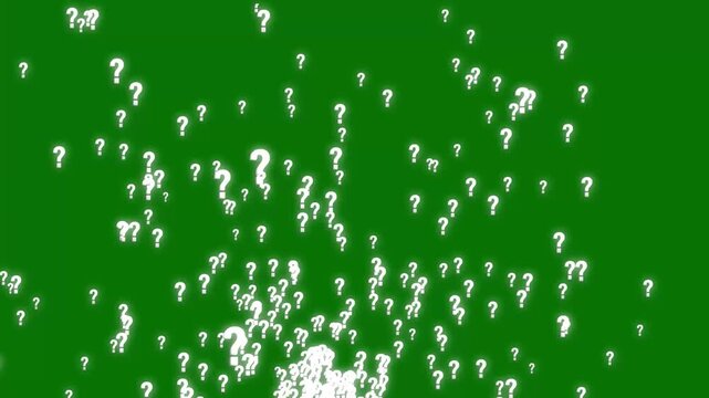 Glowing white question mark animation on chroma key green screen background, many confused symbols raining and falling, dynamic motion graphic effect, transparent overlay style, 4k.