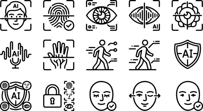 AI biometric identification and behavioral analytics black outline icons set