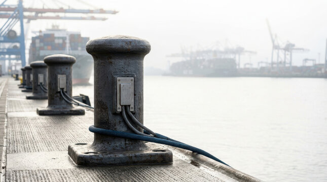 Industrial bollard harbor dock AI logistics network near cargo port and waterway, with heavy mooring equipment, cable, crane, fog, and maritime