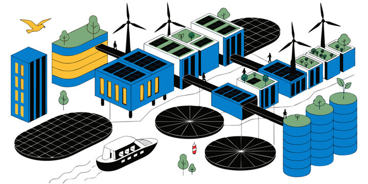 Modern sustainable cityscape with solar panels wind turbines eco-friendly buildings electric