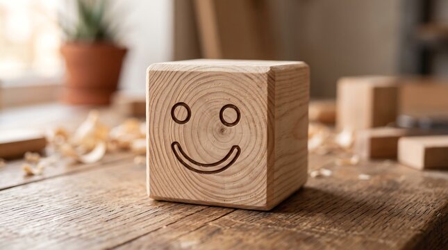 Natural wooden block with carved smiley face, rustic timber cube on workshop table, happy emotion concept in carpentry setting