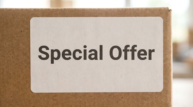 Special offer sticker on cardboard box, retail discount label on shipping package, brown paper parcel with promotional tag