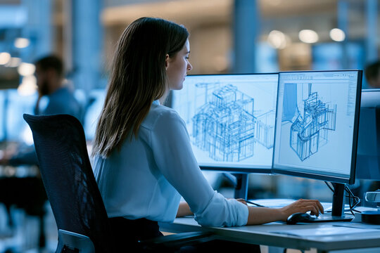 Engineering professional working on design software in a modern office setting during daytime hours