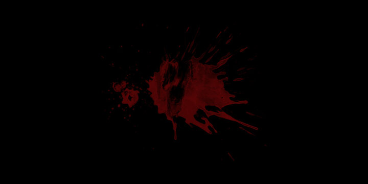 Prominent Blood Splatter with Sharp Splash Points on Black Background Abstract Horror Stain Texture Grunge Dark Scary Halloween Crime Mystery Thriller Wallpaper Backdrop Design