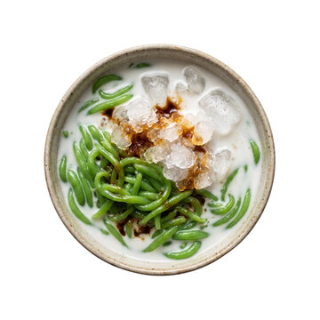 Top view of Thai lod chong nam kathi with coconut milk and palm sugar isolated on transparent background