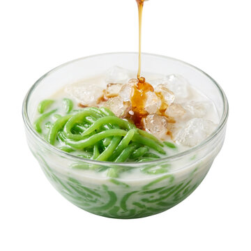 Thai lod chong nam kathi with pouring palm syrup isolated on transparent background