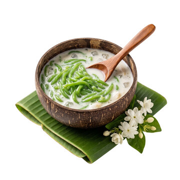 Thai lod chong nam kathi in coconut bowl on banana leaf isolated on transparent background