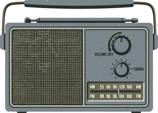 Vintage portable radio vector illustration, retro analog transistor radio with AM FM dial, classic grey electronic device
