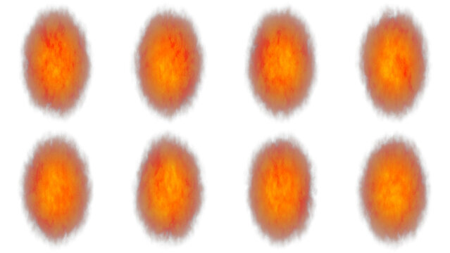 Abstract fire balls set on white background. Eight glowing orange flame spheres. Realistic heat energy orbs for design.