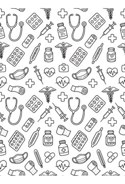Hand drawn seamless pattern of medical and healthcare supplies in an outline doodle style for pharmacy hospital clinic theme vector illustration