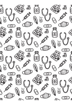 Seamless pattern of medical equipment and healthcare supplies including stethoscopes syringes face masks pills thermometers and band aids doodle style vector illustration