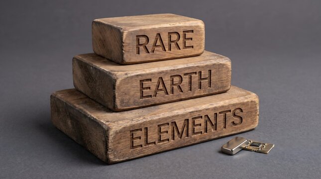 Rare earth elements engraved on stone blocks, stack of mineral resource bricks, industrial mining and raw material concept