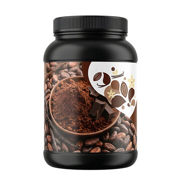 Black plastic jar of chocolate protein powder supplement with coffee beans and cocoa design label for healthy fitness nutrition lifestyle and athletic muscle building