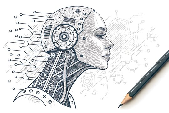 Cybernetic woman head with circuit design and pencil