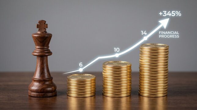 A chess king piece stands beside increasing stacks of gold coins with a financial progress graph showing a 345% gain.