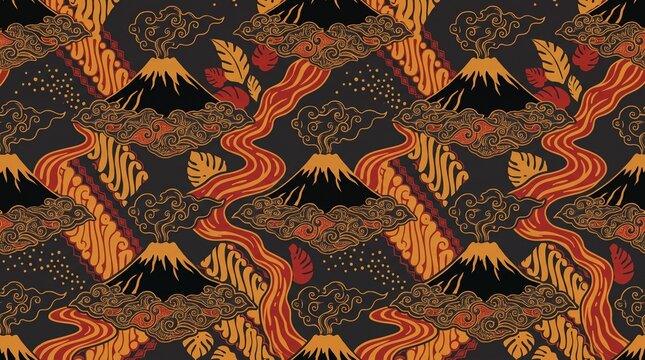 Unique Seamless Indonesian Batik Pattern Inspired by Volcano and Flowing Lava
