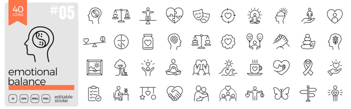 Emotional balance line icon set. Emotions, mindfulness, happiness, sadness, stress, relaxation, meditation, psychology, wellness, feelings, support, selfcare. Editable stroke. Vector illustration.