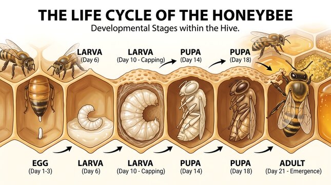Honeybee life cycle diagram showing developmental stages in hive. Educational honey bee growth from egg to larva and pupa to adult.