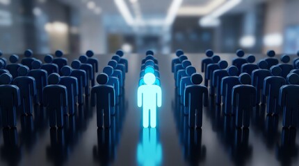 Fototapeta premium Standing out from the crowd: glowing figure in a sea of dark silhouettes