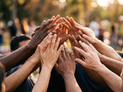 Diverse Group Of People Raising Hands Together In Unity