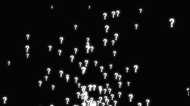 White question mark animation moving and falling on black screen background, mysterious confused effect, glowing symbols, motion graphic pattern, raining question marks, 4k video.